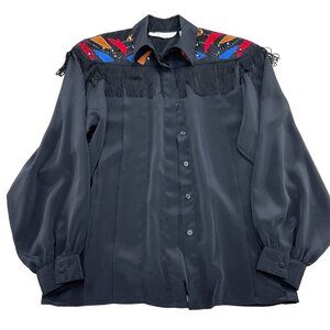 Fortina Blouse Women 12 Black Western Fringe Bead Gem Beverly‎ Goldberg 80s VTG